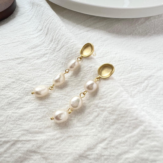 18K matte gold baroque freshwater pearl dangling earrings, front view