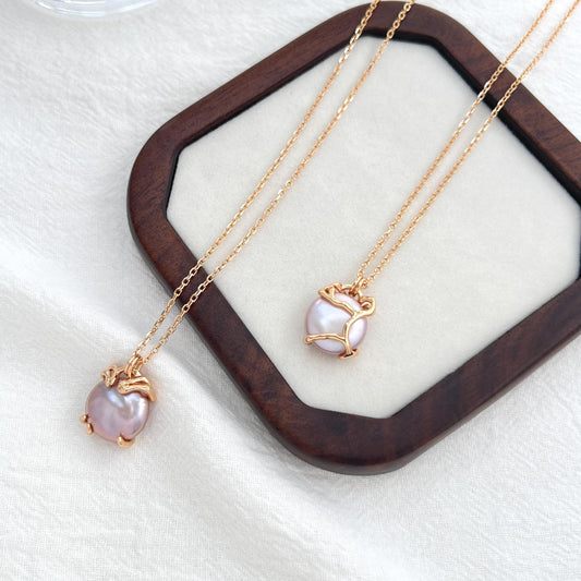 18K gold baroque purple pearl double-sided necklace, minimalist reversible coin pendant for weddings or vintage everyday wear.
