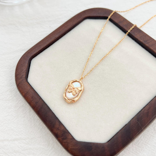 18K gold natural mother-of-pearl butterfly pendant necklace, dainty minimalist jewelry for everyday or bridal wear.