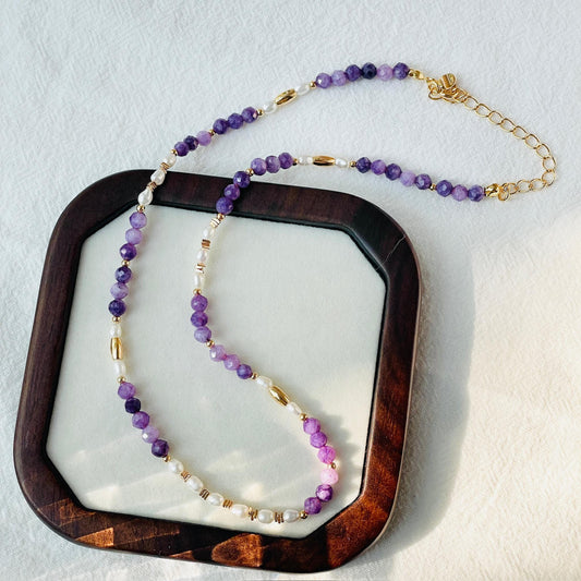 18K gold natural freshwater pearl and amethyst beaded necklace, minimalist spiritual jewelry perfect for birthdays or healing crystal gifts.