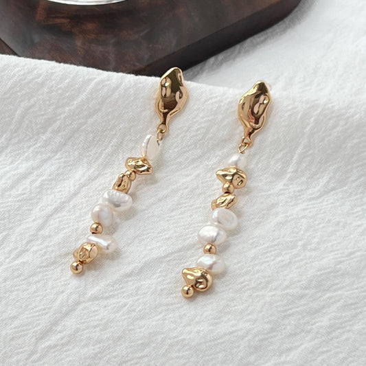 18K gold real freshwater baroque pearl drop earrings, dainty vintage‑style long dangling jewelry perfect for bridal or bridesmaid wear.
