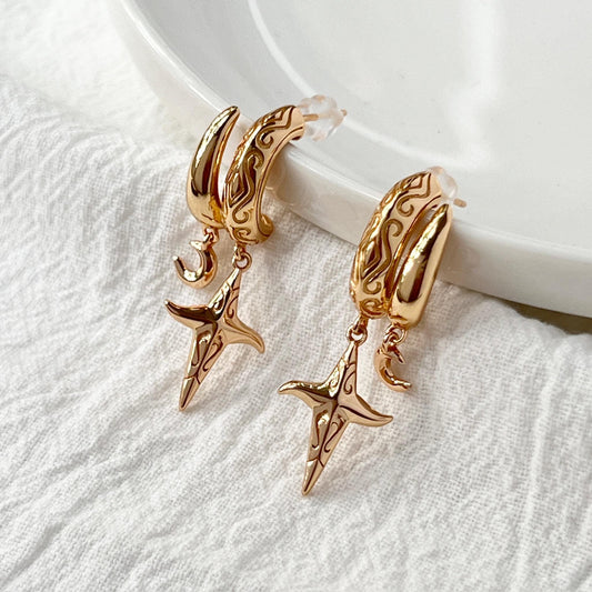 18K vintage gold star celestial dangling earrings, minimalist drop design for everyday elegance and special occasions