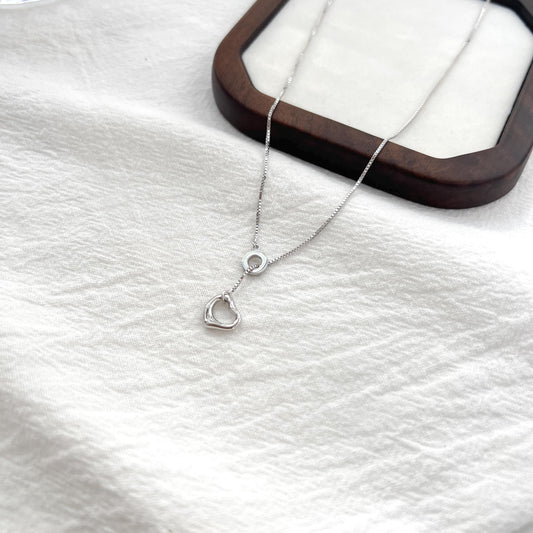925 Sterling Silver Y-lariat heart charm necklace, minimalist adjustable silver necklace.