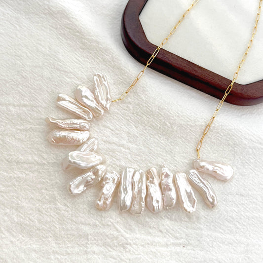 Baroque Stick Pearl Necklace, Dainty Gold Chain Pearl Necklace, Irregular Freshwater Pearl Jewelry, Minimalist Bridal Necklace