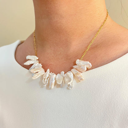Baroque Stick Pearl Necklace, Dainty Gold Chain Pearl Necklace, Irregular Freshwater Pearl Jewelry, Minimalist Bridal Necklace