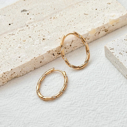 18K Gold Vintage Twisted Rope Hoop CZ Earrings,Minimalist Starlight Oval Hoops,Dainty Everyday Star Sparkle Jewelry,Birthday Gifts For Her