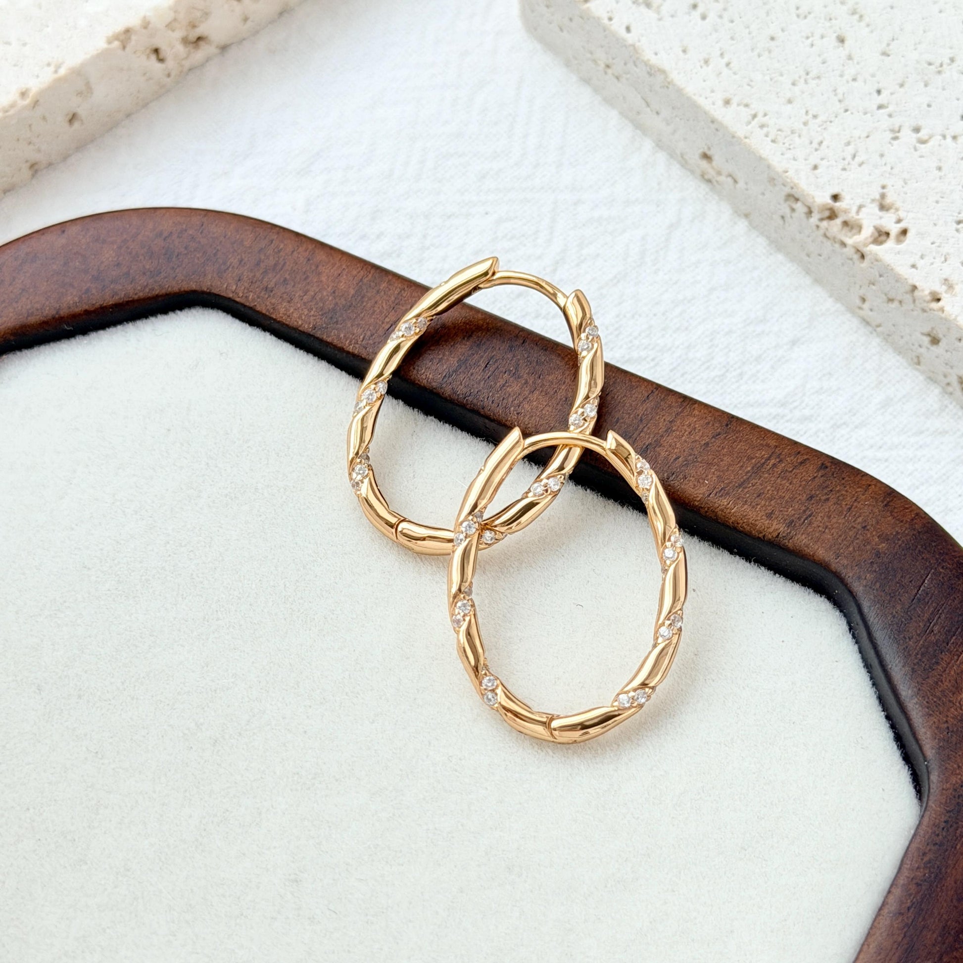 18K Gold Vintage Twisted Rope Hoop CZ Earrings,Minimalist Starlight Oval Hoops,Dainty Everyday Star Sparkle Jewelry,Birthday Gifts For Her