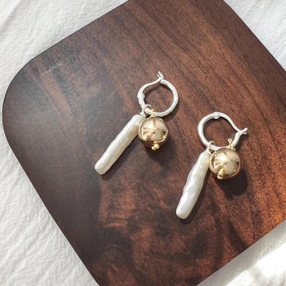 14K gold-filled baroque pearl drop earrings shown from multiple angles, minimalist and elegant design
