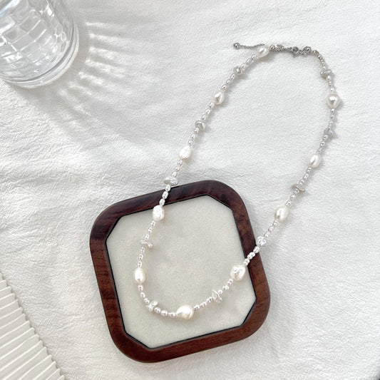 Freshwater baroque irregular pearl beaded necklace shown from multiple angles, minimalist and elegant design