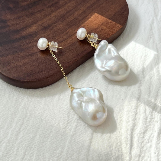 Large Baroque Freshwater Pearl Mismatched Drop Earrings