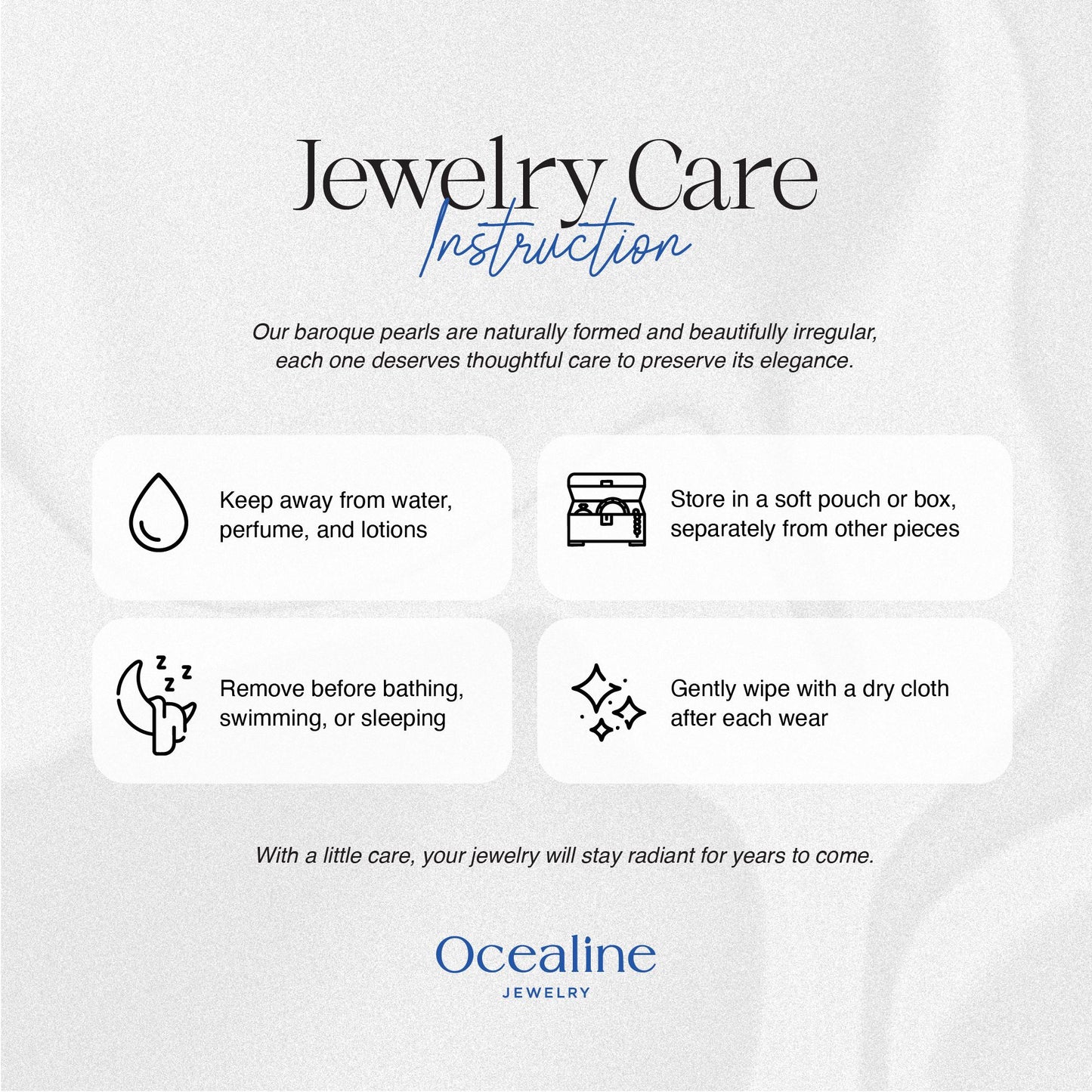 Jewelry care instructions for baroque pearls by Ocealine Jewelry on a white background.