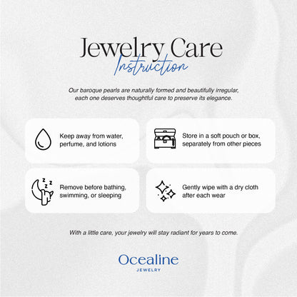 Jewelry care instructions for baroque pearls by Ocealine Jewelry on a white background.