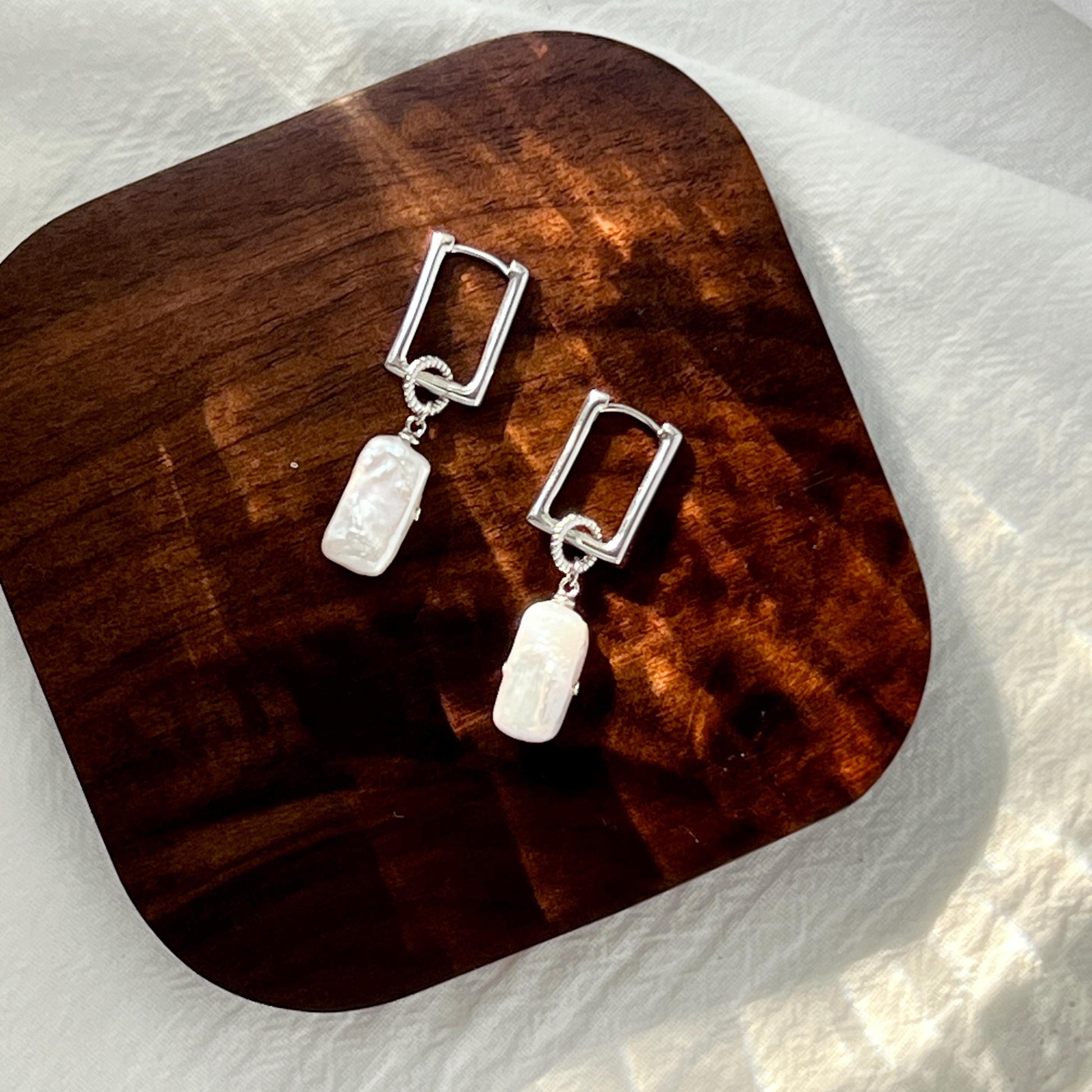 Silver Rectangle Bar Pearl Dangling Earrings,Baroque Pearl Hoop Earrings,Minimalist Dainty Drop Earrings,Wedding Bridal Jewelry,Gift For Her