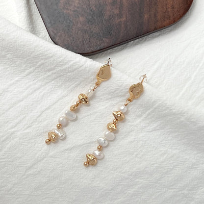 Golden Beads Baroque Pearl Long Drop Statement Earrings
