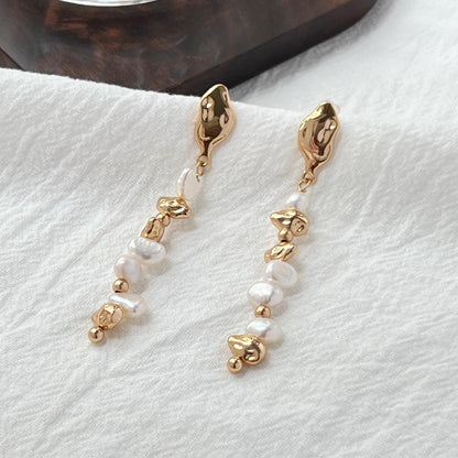 Golden Beads Baroque Pearl Long Drop Statement Earrings