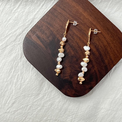 Golden Beads Baroque Pearl Long Drop Statement Earrings