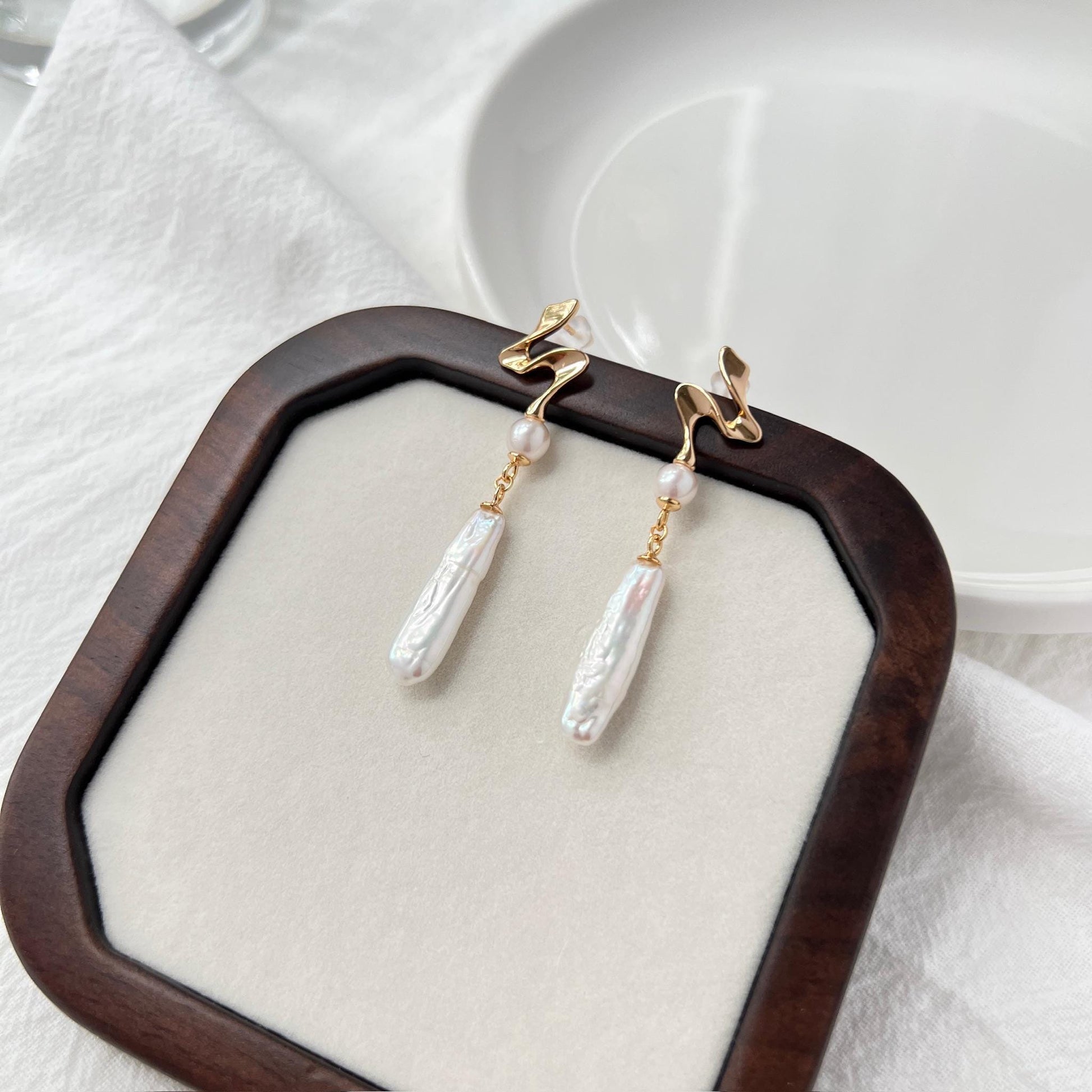 dainty gold abstract earrings with pearl drop, minimalist elegant jewelry