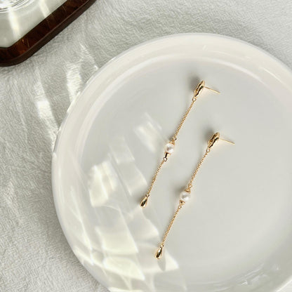 18K Gold Extra Long Linear Natural Pearl Earrings,Dainty Drop Chain Earrings,Minimalist Wedding Bridal Long Line Earrings,Bridesmaid Gifts