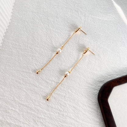 Gold Long Linear Pearl Earrings