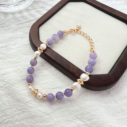 18K Gold Real Baroque Pearl Lepidolite Beaded Bracelet,Minimalist Healing Purple Gemstone Bracelet,Dainty Anniversary Birthday Gifts For Her