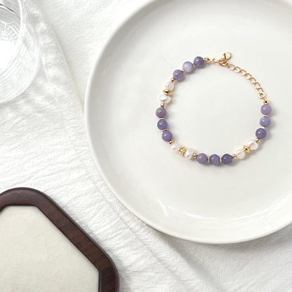 18K Gold Real Baroque Pearl Lepidolite Beaded Bracelet,Minimalist Healing Purple Gemstone Bracelet,Dainty Anniversary Birthday Gifts For Her