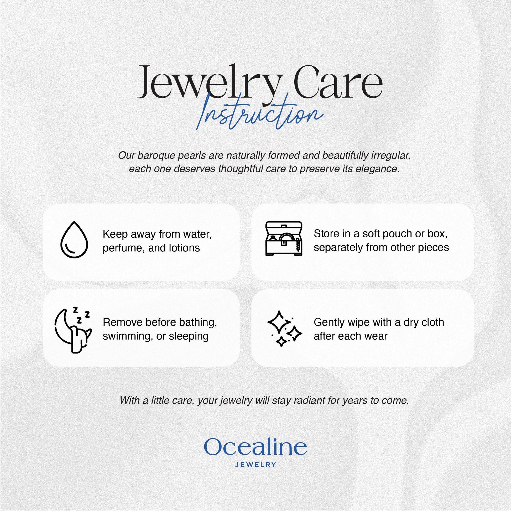 Jewelry care instructions for baroque pearls by Ocealine Jewelry on a white background.