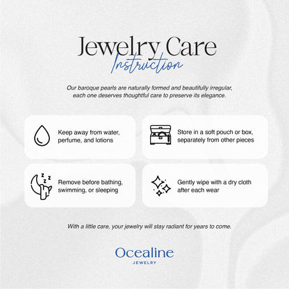 Jewelry care instructions for baroque pearls by Ocealine Jewelry on a white background.