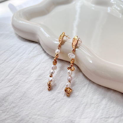 Golden Beads Baroque Pearl Long Drop Statement Earrings