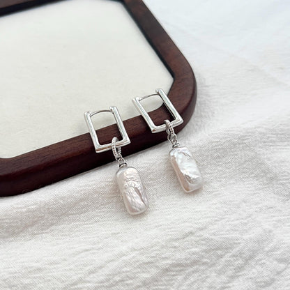 Silver Rectangle Bar Pearl Dangling Earrings,Baroque Pearl Hoop Earrings,Minimalist Dainty Drop Earrings,Wedding Bridal Jewelry,Gift For Her