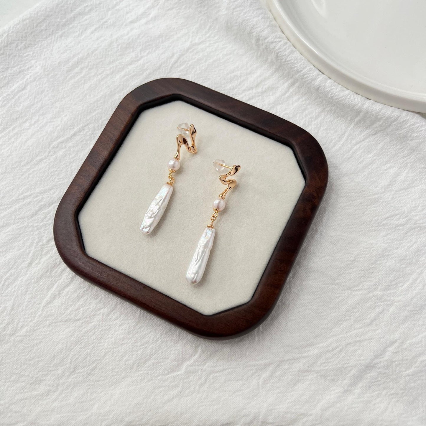 organic baroque pearl drop earrings with sculptural gold detail, soft and refined