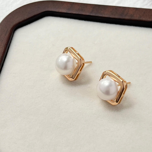 Square gold pearl stud earrings minimalist geometric pearl jewelry