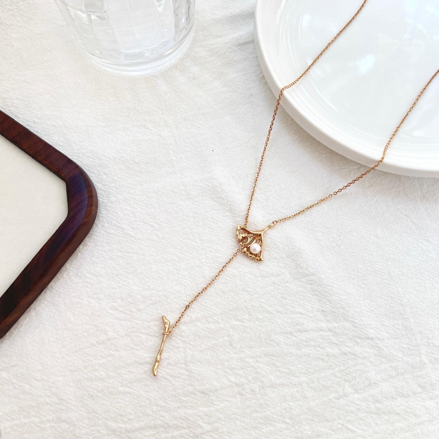 18K Vintage Gold Long Y Lariat Necklace,Minimalist Pearl Charm Necklace,Dainty Modern Drop Necklace,Winter Jewelry,Birthday Gift For Her