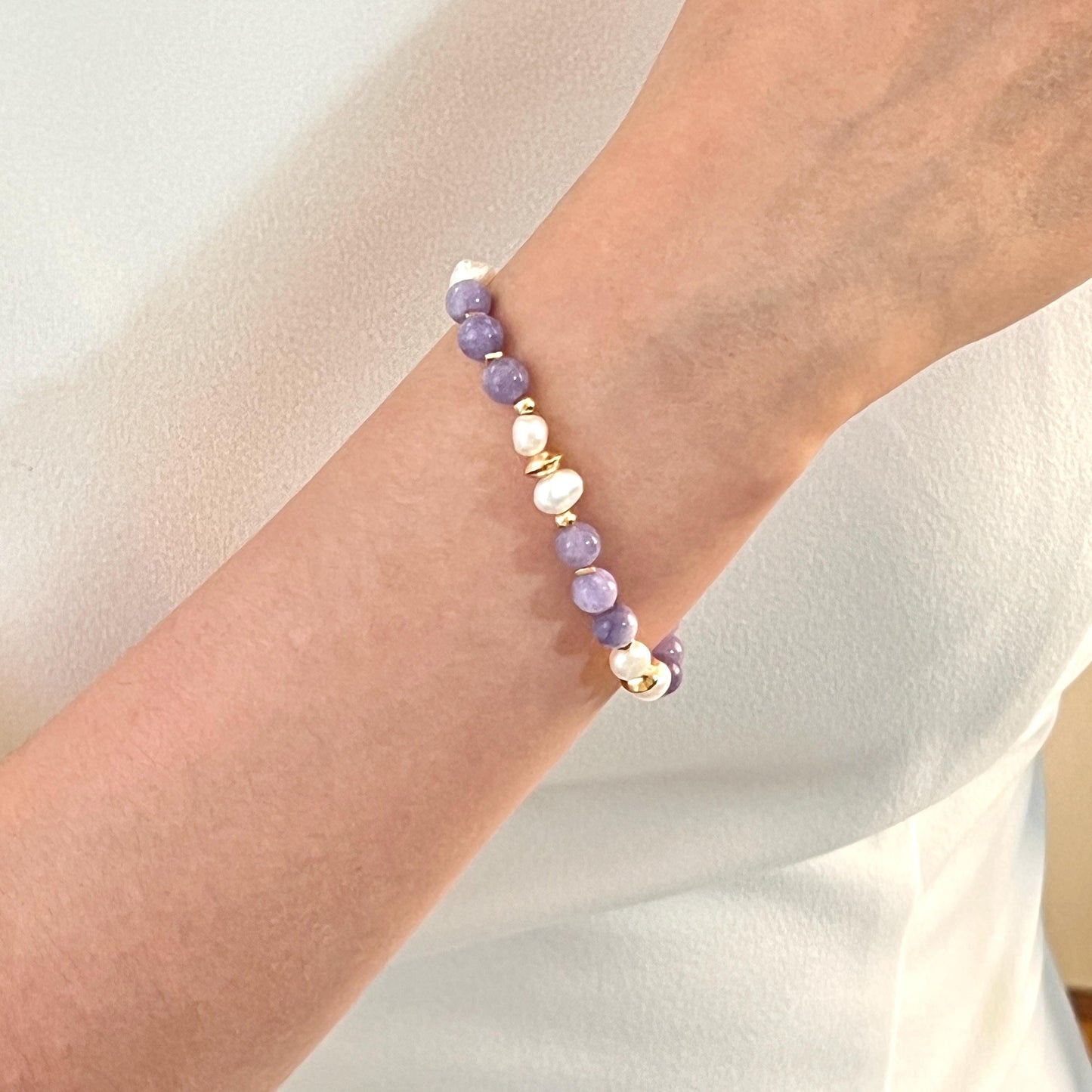 18K Gold Real Baroque Pearl Lepidolite Beaded Bracelet,Minimalist Healing Purple Gemstone Bracelet,Dainty Anniversary Birthday Gifts For Her