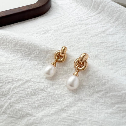 18K Gold Vintage Pearl Dangling Earrings,Minimalist Everyday Celtic Knot Teardrop Earrings,Dainty Wedding Bridal Jewelry,Bridesmaid Gifts