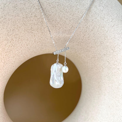 Silver Two Baroque Pearl Pendants Balance Necklace