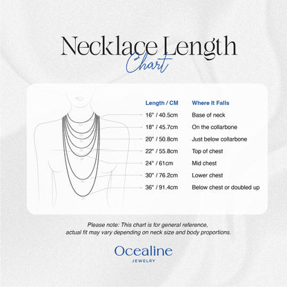 Necklace length chart with measurements and Ocealine Jewelry branding