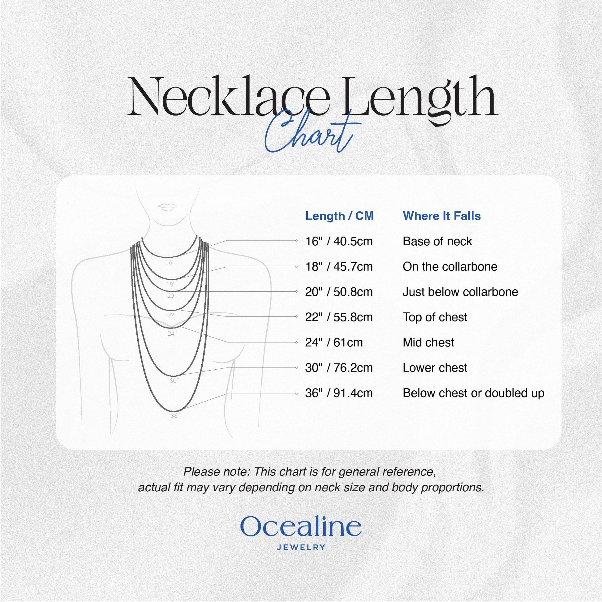Necklace length chart with measurements and Ocealine Jewelry branding