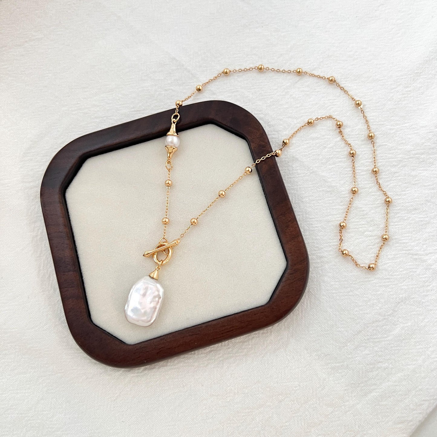 18K Gold Natural Baroque Pearl Toggle Necklace,Minimalist Boho Bridal Stacking Necklace,Dainty Gold Ball Chain,Bridesmaid Gift,Birthday Gift