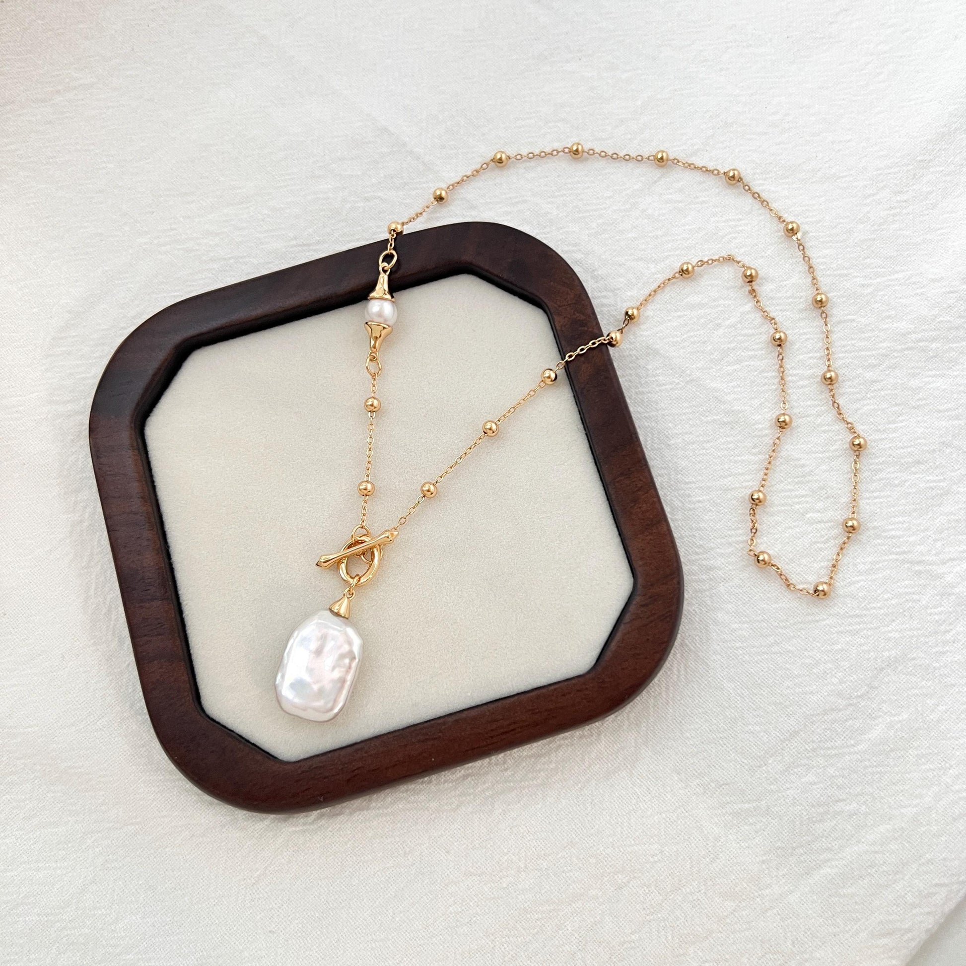 18K Gold Natural Baroque Pearl Toggle Necklace,Minimalist Boho Bridal Stacking Necklace,Dainty Gold Ball Chain,Bridesmaid Gift,Birthday Gift