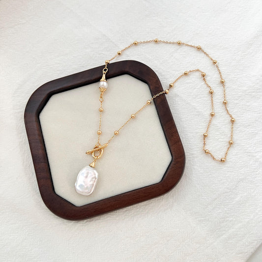 18K Gold Natural Baroque Pearl Toggle Necklace,Minimalist Boho Bridal Stacking Necklace,Dainty Gold Ball Chain,Bridesmaid Gift,Birthday Gift