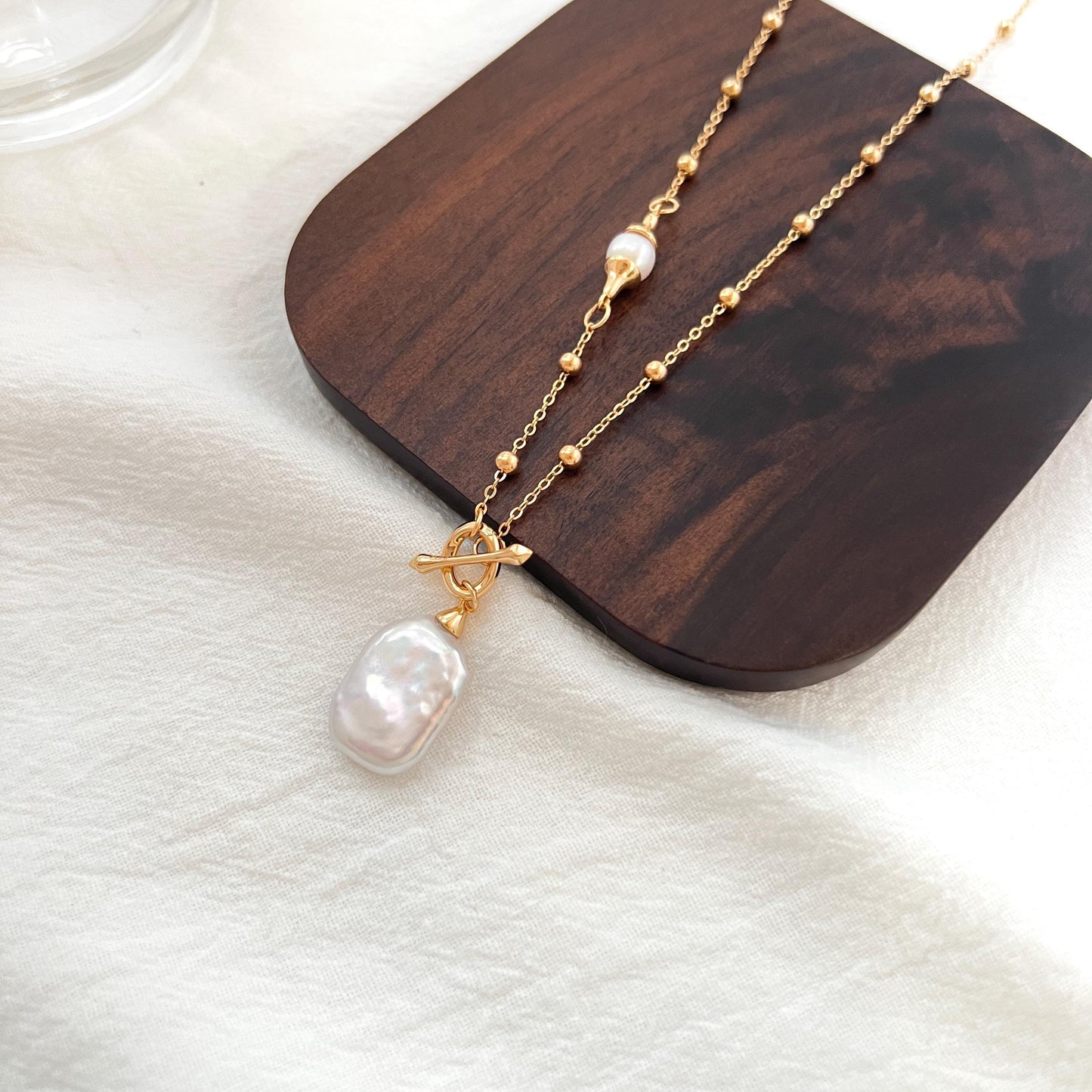 18K Gold Natural Baroque Pearl Toggle Necklace,Minimalist Boho Bridal Stacking Necklace,Dainty Gold Ball Chain,Bridesmaid Gift,Birthday Gift