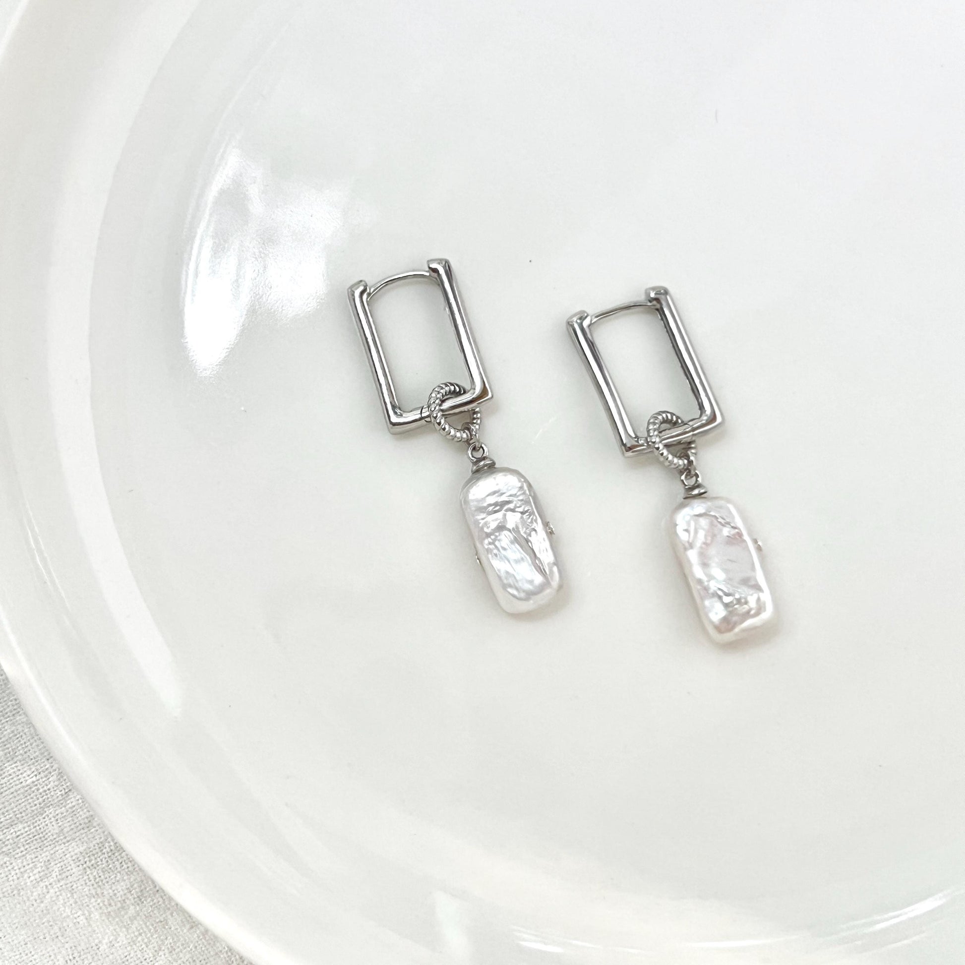 Silver Rectangle Bar Pearl Dangling Earrings,Baroque Pearl Hoop Earrings,Minimalist Dainty Drop Earrings,Wedding Bridal Jewelry,Gift For Her