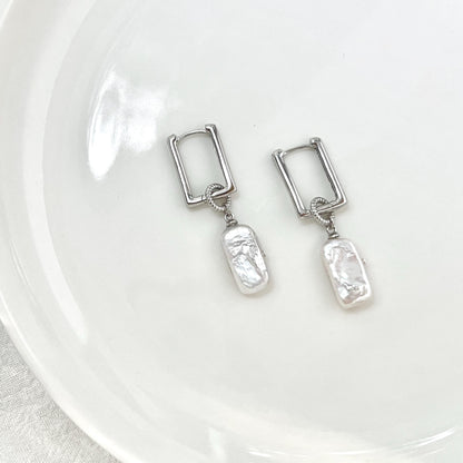 Silver Rectangle Bar Pearl Dangling Earrings,Baroque Pearl Hoop Earrings,Minimalist Dainty Drop Earrings,Wedding Bridal Jewelry,Gift For Her