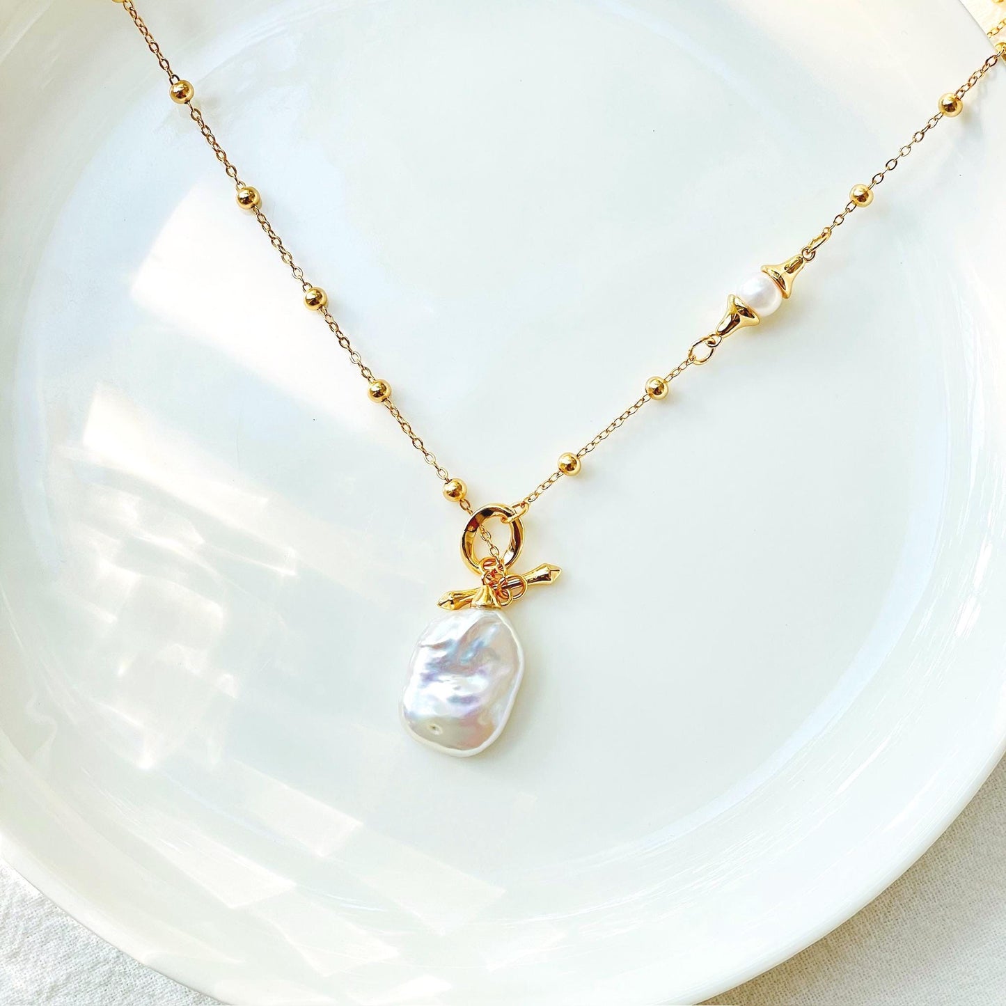 18K Gold Natural Baroque Pearl Toggle Necklace,Minimalist Boho Bridal Stacking Necklace,Dainty Gold Ball Chain,Bridesmaid Gift,Birthday Gift
