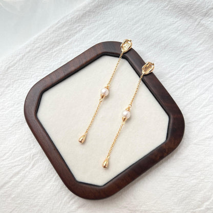 Gold Long Linear Pearl Earrings