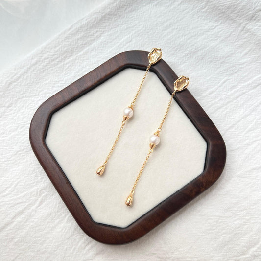 Gold Long Linear Pearl Earrings