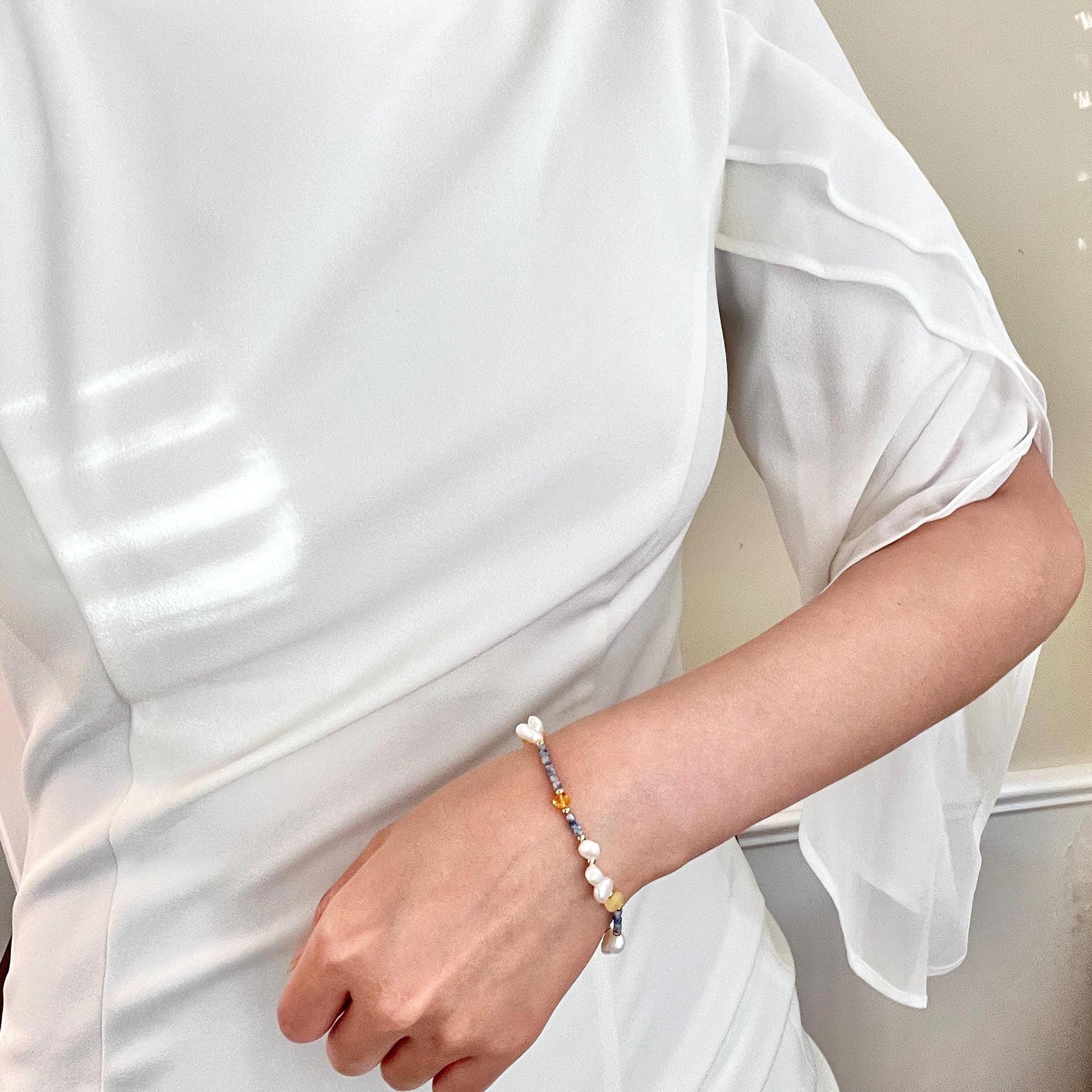 18K Gold Baroque Pearl Lapis Lazuli Beeswax Beaded Bracelet,Colorful Minimalist Dainty Everyday Bracelet,Wedding Gift,Birthday Gift For Her