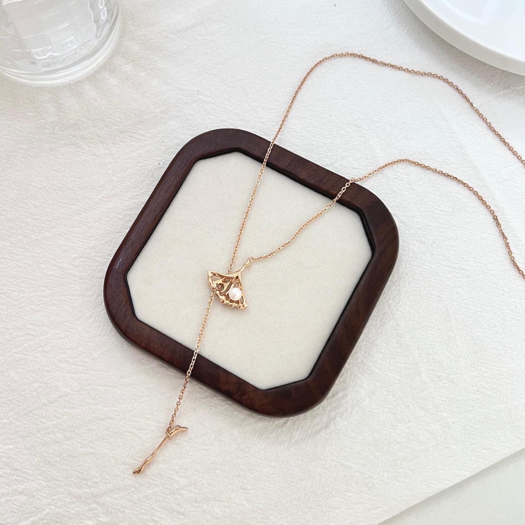 18K Vintage Gold Long Y Lariat Necklace,Minimalist Pearl Charm Necklace,Dainty Modern Drop Necklace,Winter Jewelry,Birthday Gift For Her