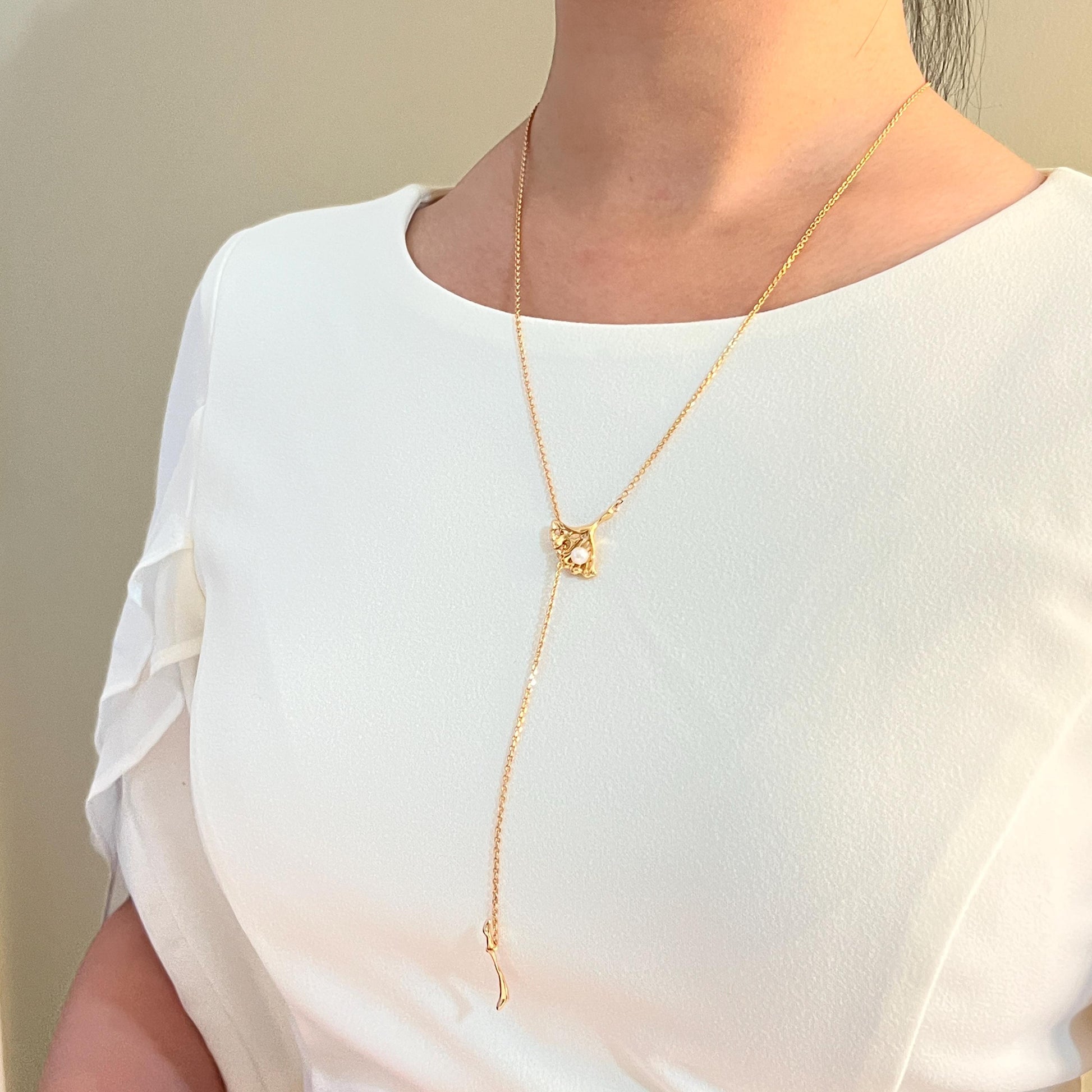18K Vintage Gold Long Y Lariat Necklace,Minimalist Pearl Charm Necklace,Dainty Modern Drop Necklace,Winter Jewelry,Birthday Gift For Her