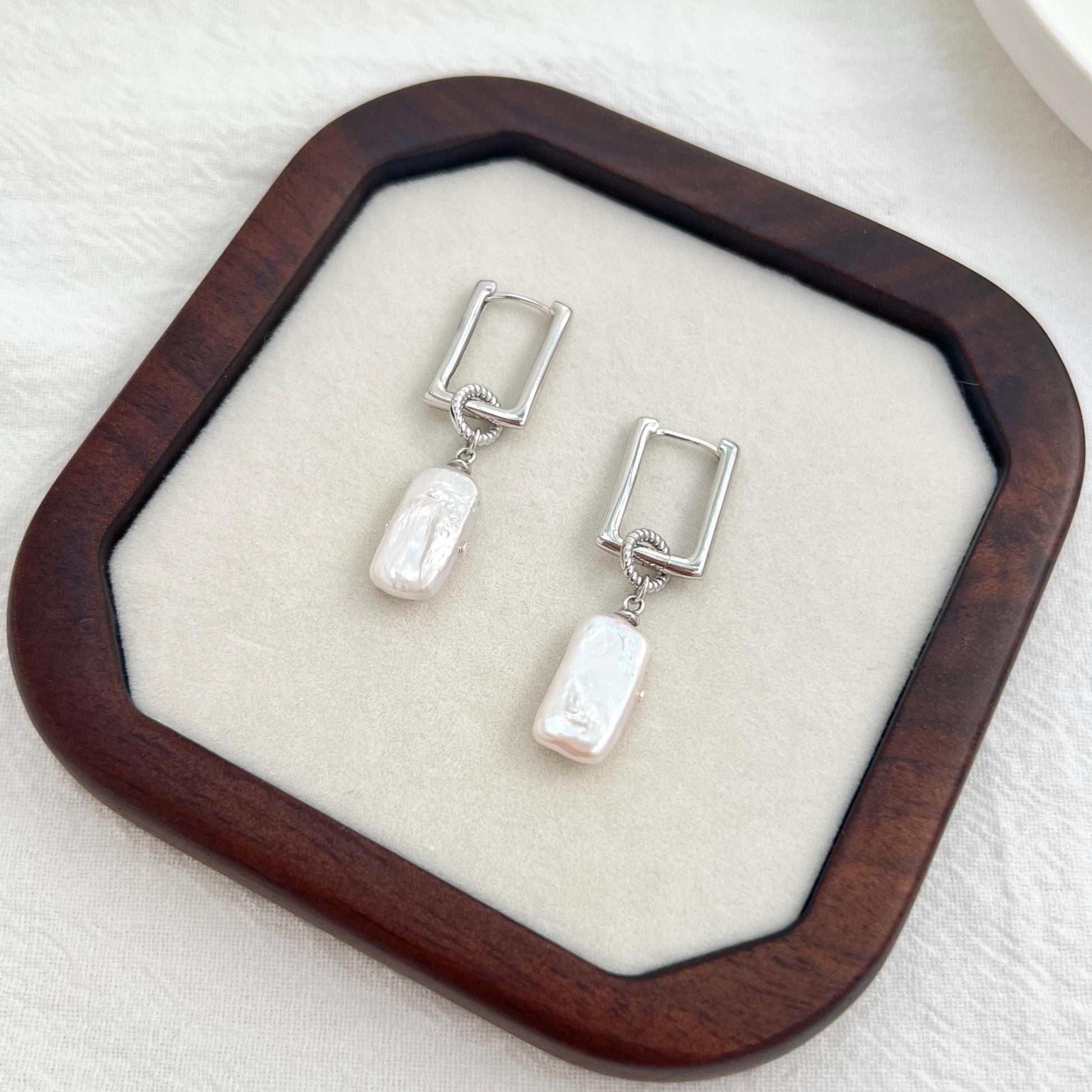 Silver Rectangle Bar Pearl Dangling Earrings,Baroque Pearl Hoop Earrings,Minimalist Dainty Drop Earrings,Wedding Bridal Jewelry,Gift For Her